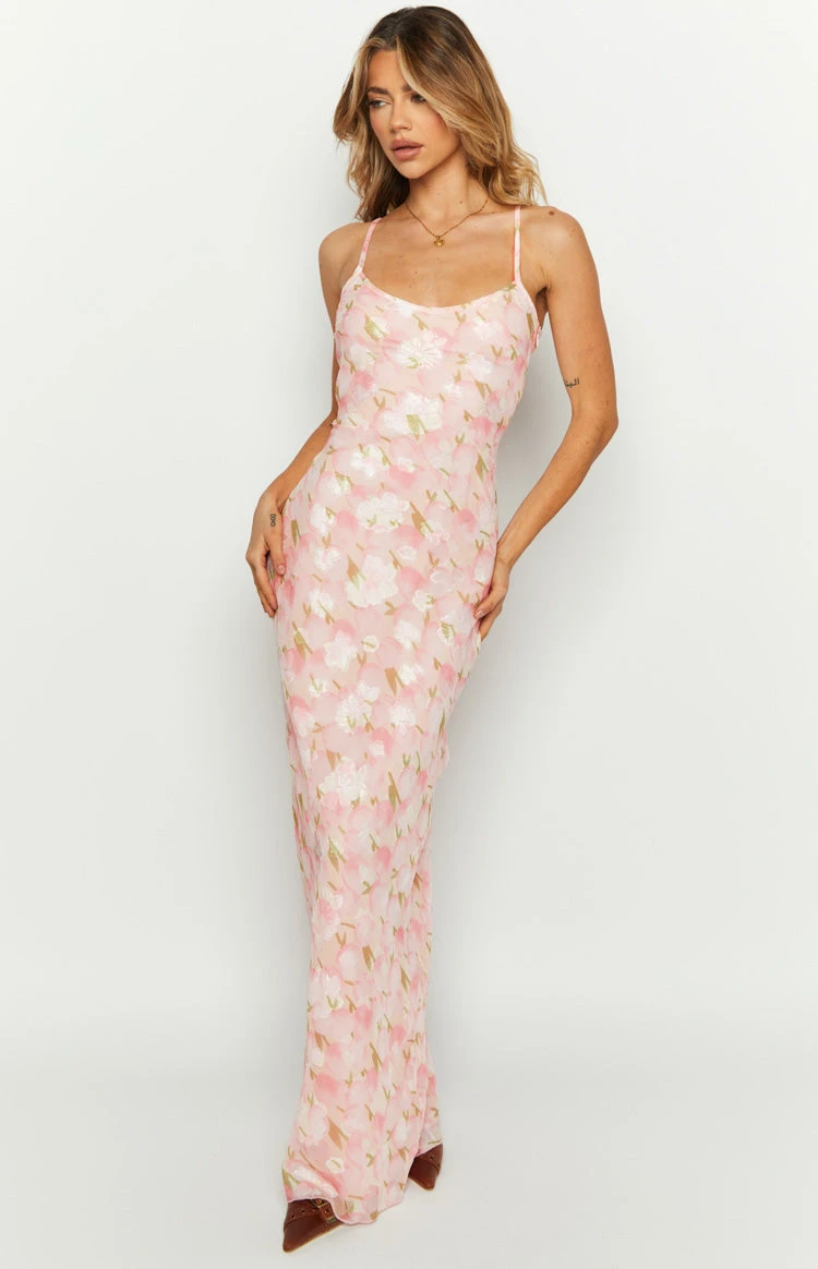 Renesmee Pink Floral Chiffon Maxi Dress - Image 2