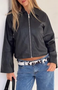 Rockie Black PU Pebbled Cropped Jacket