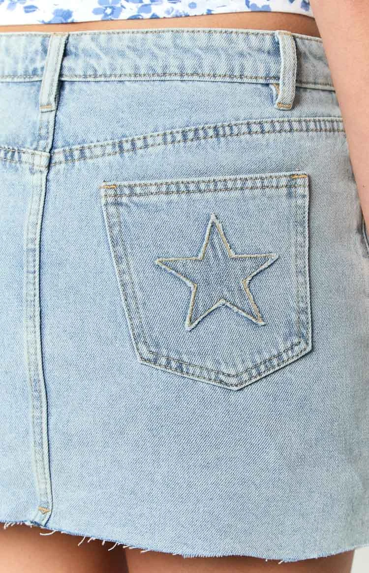 Siletto Star Light Wash Denim Low Rise Mini Skirt - Image 6