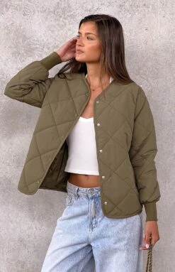 Beginning Boutique Steph Khaki Quilted Bomber Jacket