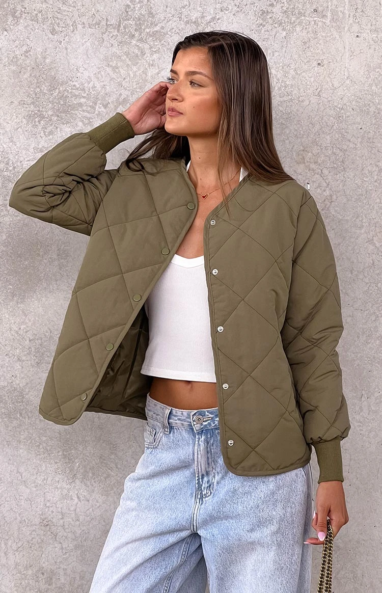Beginning Boutique Steph Khaki Quilted Bomber Jacket
