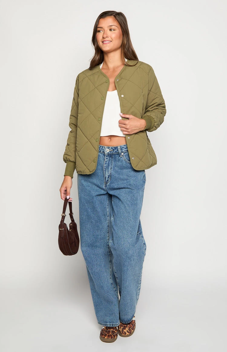 Beginning Boutique Steph Khaki Quilted Bomber Jacket - Image 3