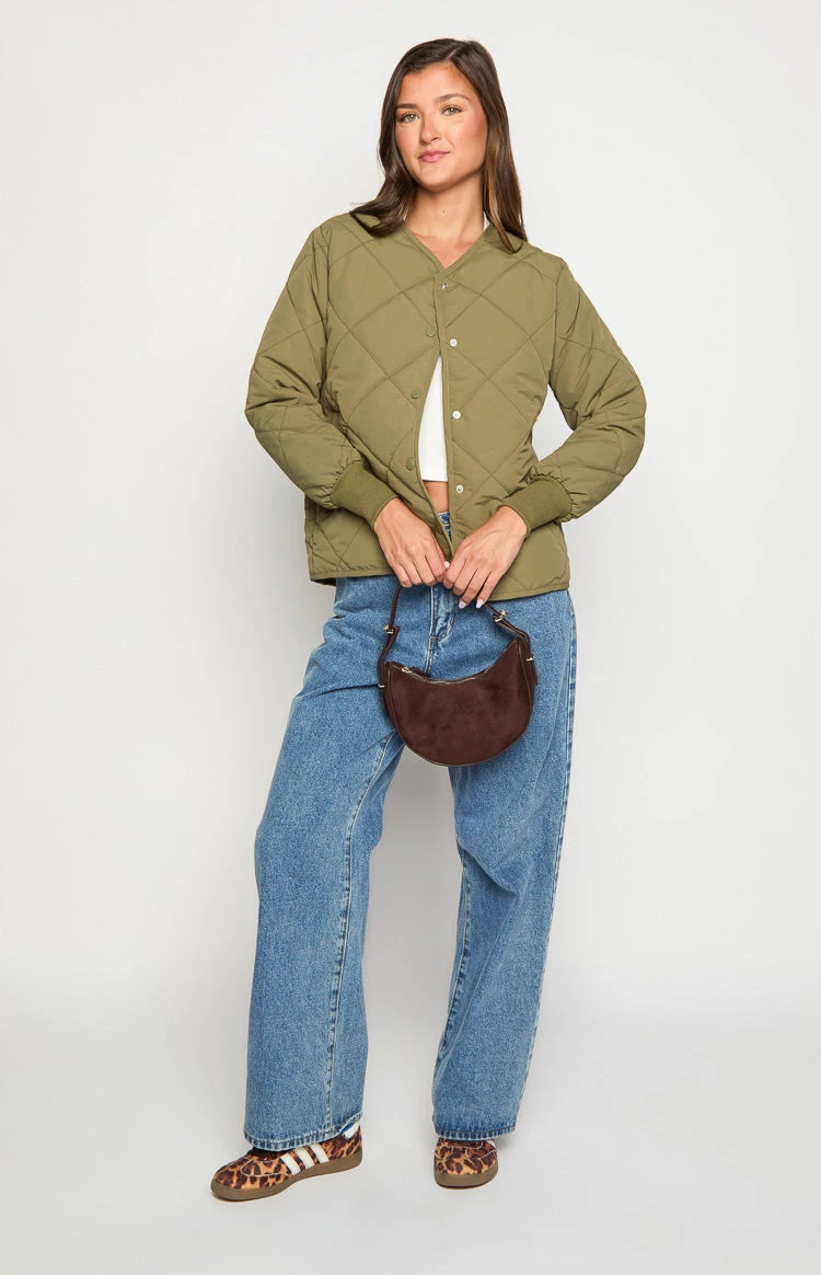 Beginning Boutique Steph Khaki Quilted Bomber Jacket - Image 4