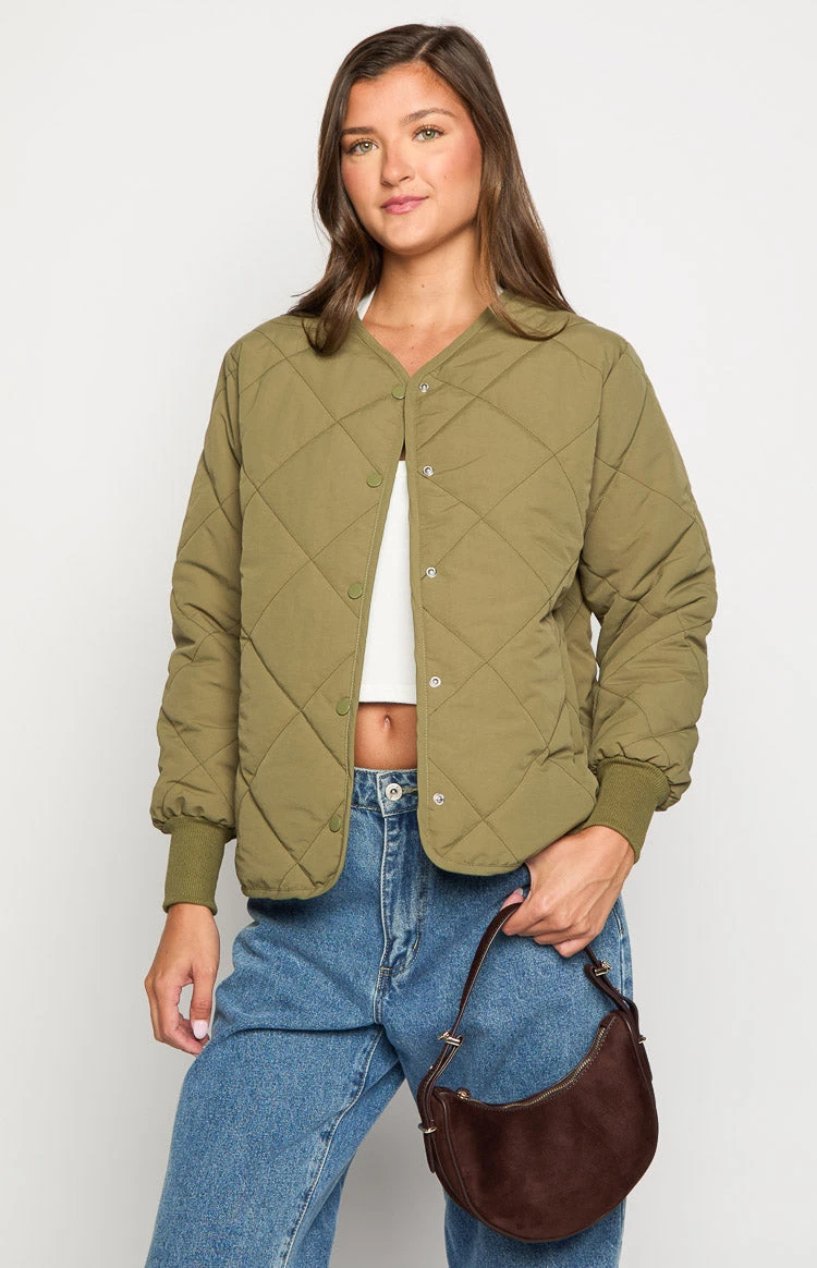 Beginning Boutique Steph Khaki Quilted Bomber Jacket - Image 2