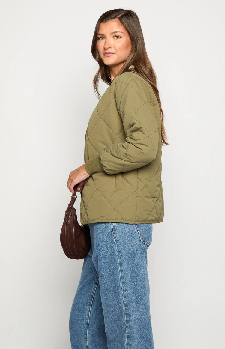 Beginning Boutique Steph Khaki Quilted Bomber Jacket - Image 5