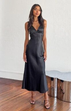 Beginning Boutique Verlaine Black Satin Maxi Dress