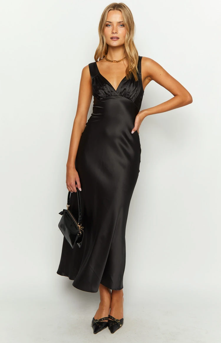 Beginning Boutique Verlaine Black Satin Maxi Dress - Image 3