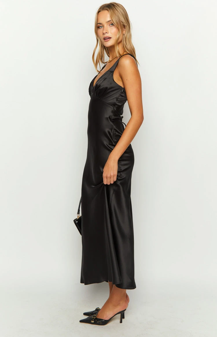 Beginning Boutique Verlaine Black Satin Maxi Dress - Image 4