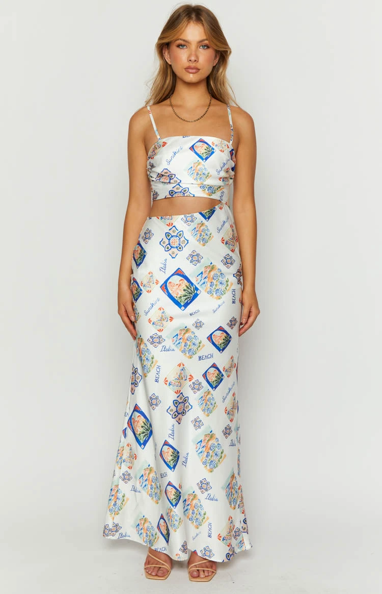 Willa White Satin Italia Print Maxi Dress - Image 2