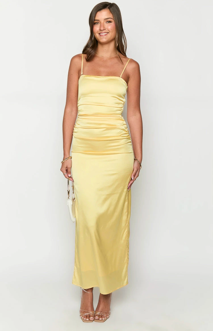 Yellow Bloom Satin Strapless Maxi Dress - Image 3
