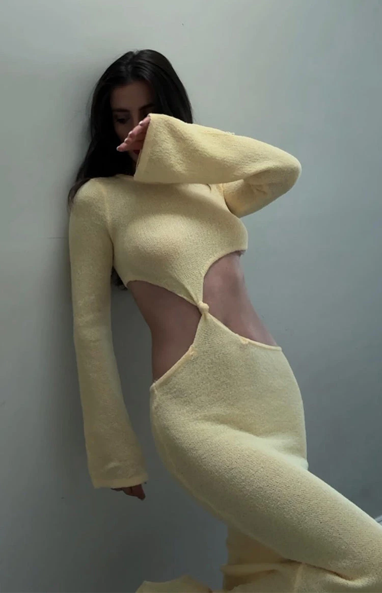 Arya Yellow Long Sleeve Knit Maxi Dress - Image 11