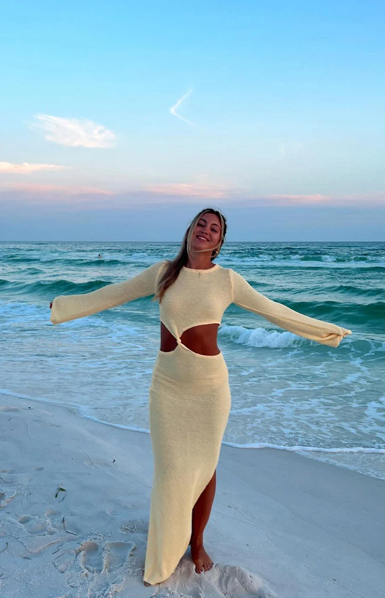 Arya Yellow Long Sleeve Knit Maxi Dress - Image 15