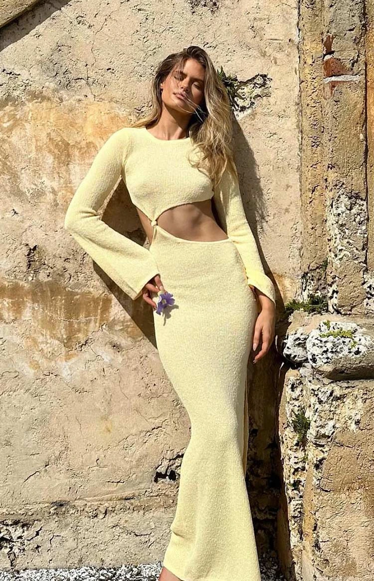 Arya Yellow Long Sleeve Knit Maxi Dress - Image 12