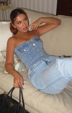 Wilma Mid Wash Denim Button Top