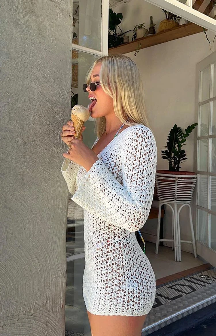 Alessia White Crochet Knit Long Sleeve Mini Dress - Image 9