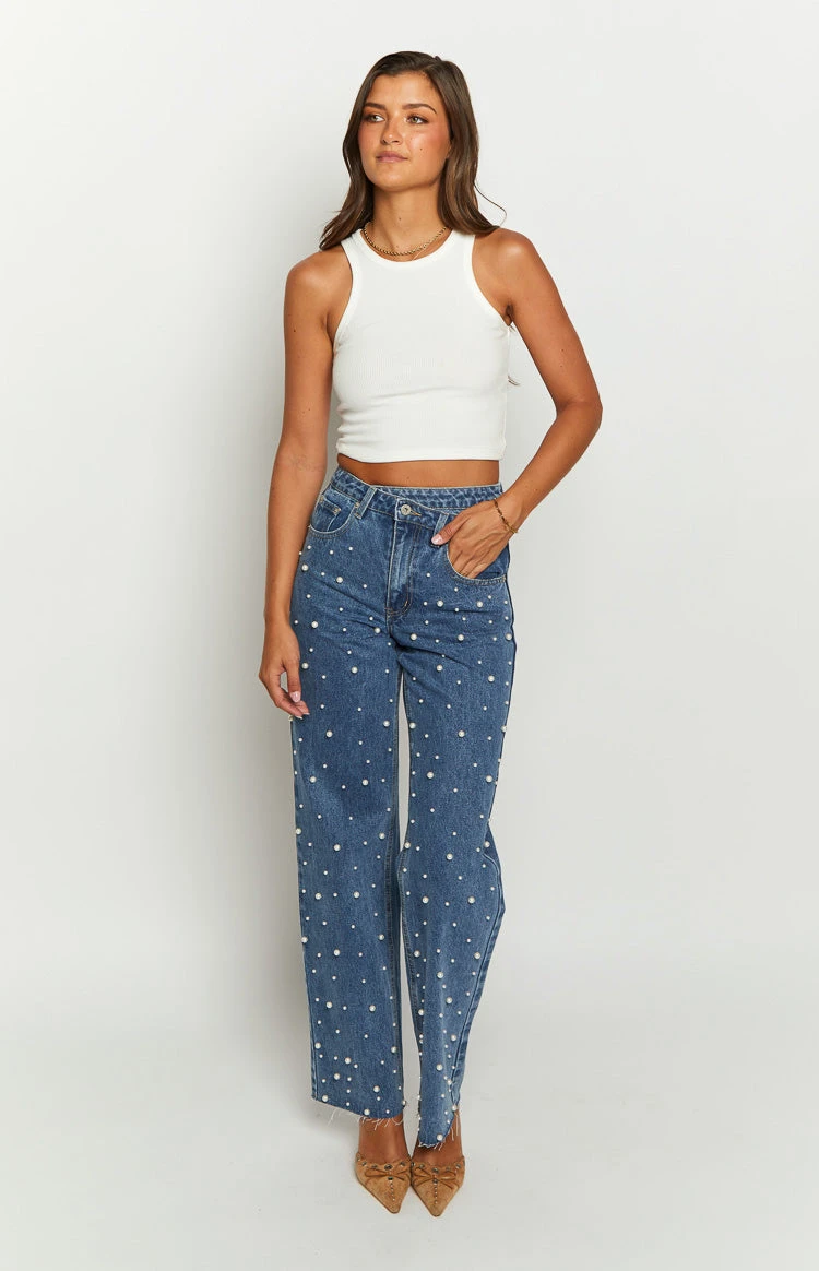 Denim Dazzle Pearl Mid Wash High Waisted Jeans - Image 2