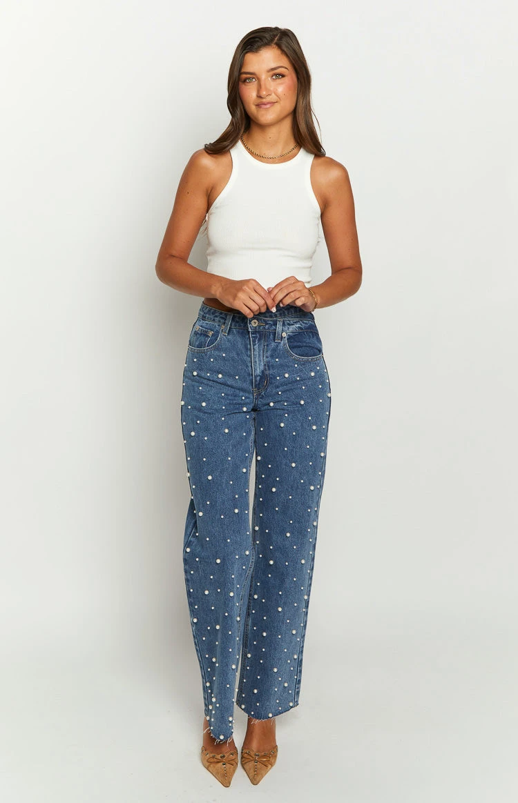Denim Dazzle Pearl Mid Wash High Waisted Jeans - Image 3