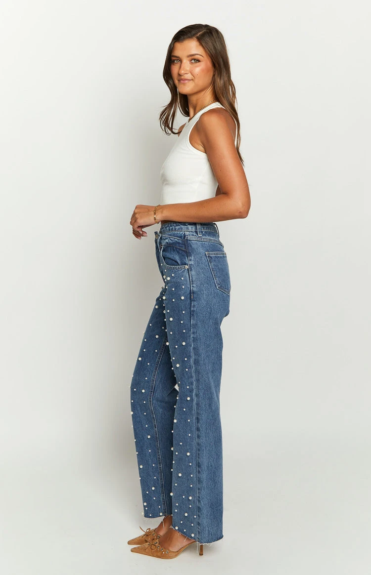 Denim Dazzle Pearl Mid Wash High Waisted Jeans - Image 4