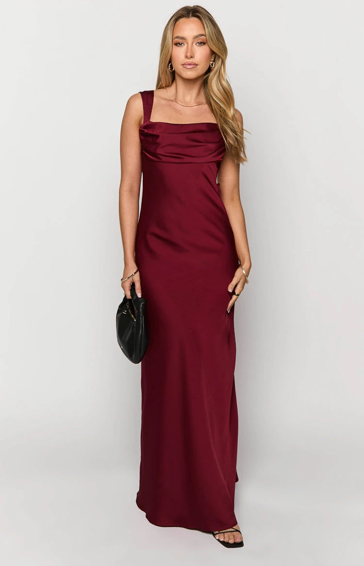 Laria Wine Satin Formal Maxi Dress - Image 2