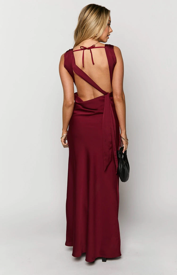 Laria Wine Satin Formal Maxi Dress - Image 5