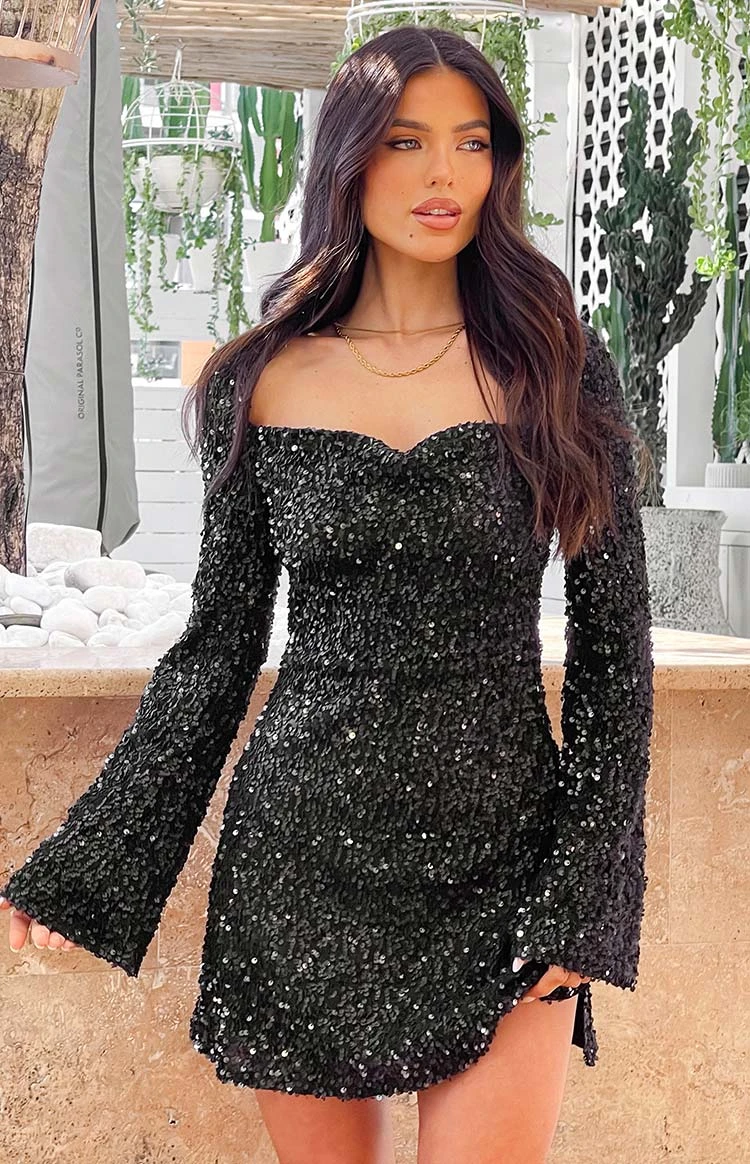 Marienne Black Sequin Long Sleeve Mini Dress - Image 5